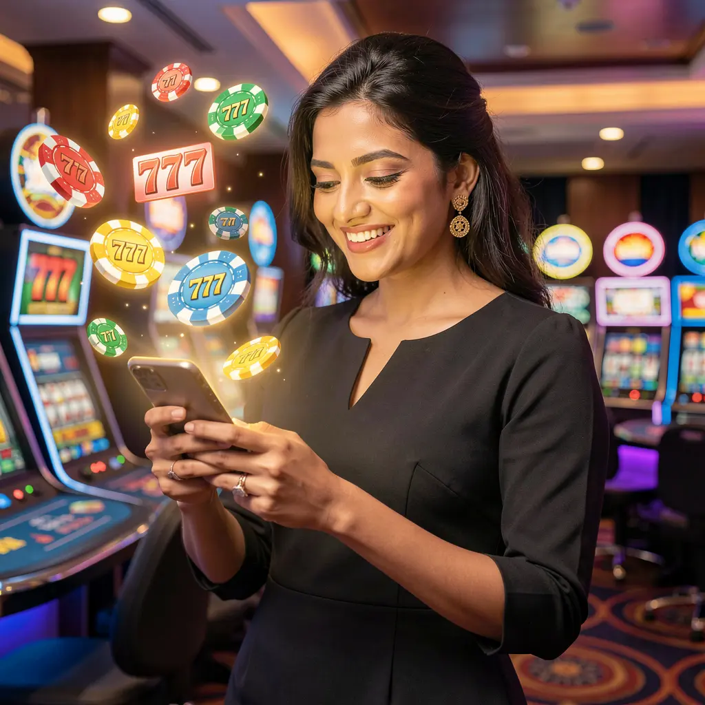 Happy Bangladeshi casino player checking the GV88 mobile app as colorful poker chips and 777 symbols float around her