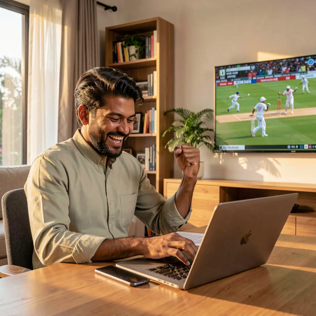 Excited Bangladeshi man celebrating a winning bet while playing online sports betting on a laptop with live cricket action behind him on GV88