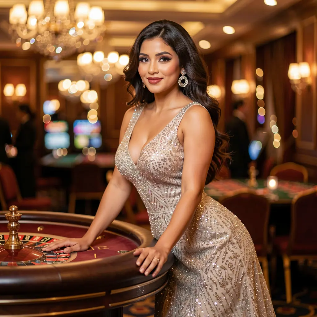 Confident woman in an elegant evening dress posing by a roulette table in a luxury casino atmosphere showcasing the premium gaming experience at GV88 in Bangladesh