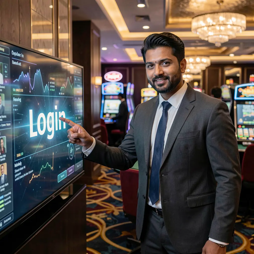 Well dressed Bangladeshi casino staff member pointing at a digital login screen in a high end casino environment showcasing GV88 access